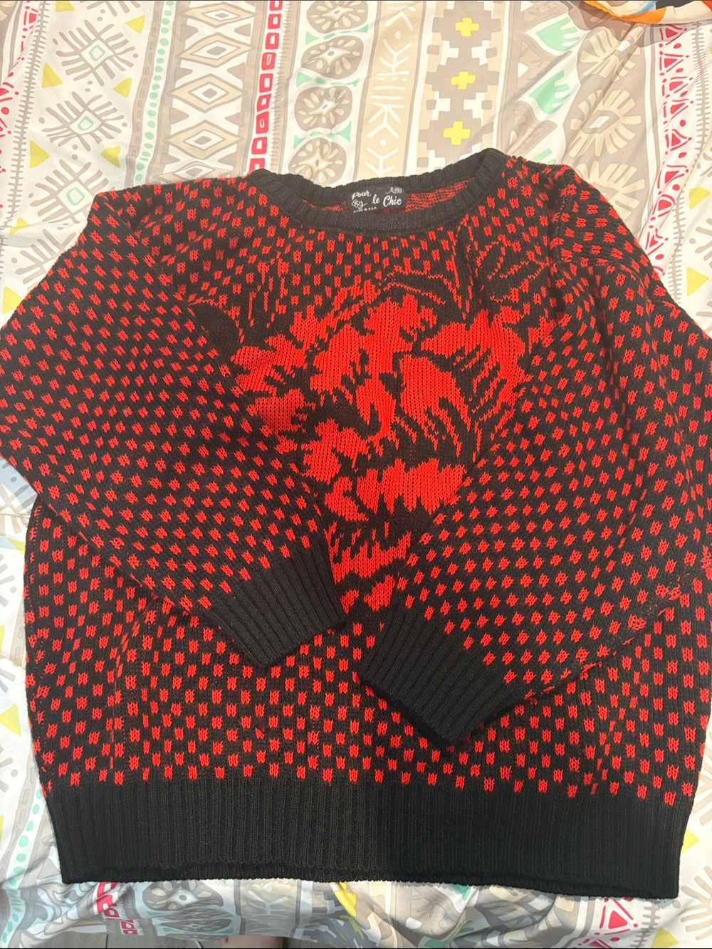 Red and Black Floral Knit Sweater
